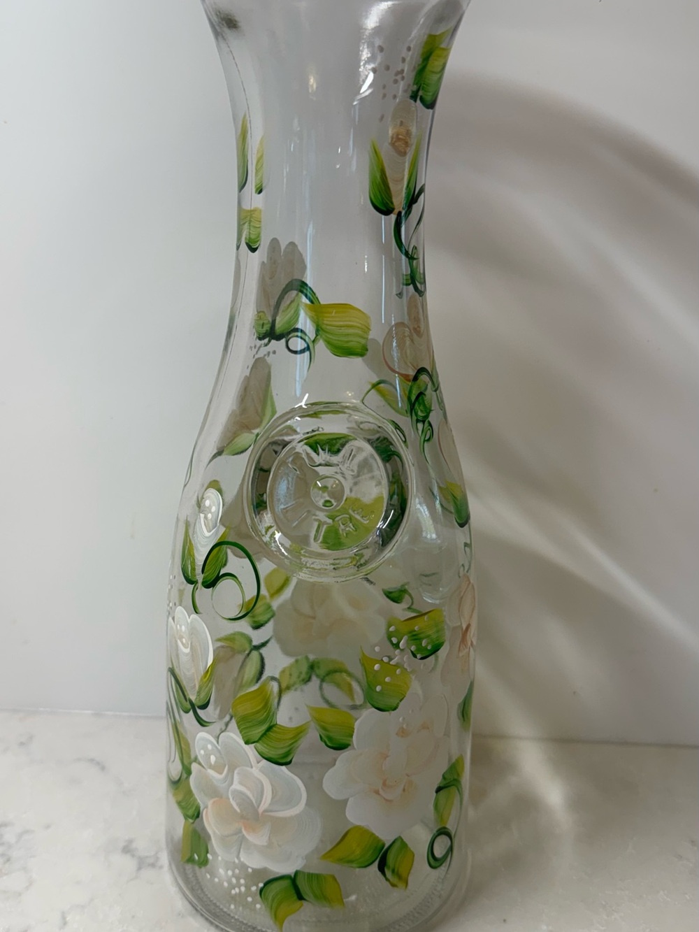 Hand-Painted Glass Carafe with Green and Cream Floral Design
